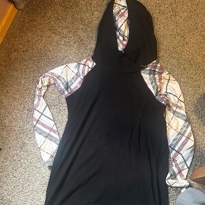 Women's Black Hoodie with Plaid Sleeves